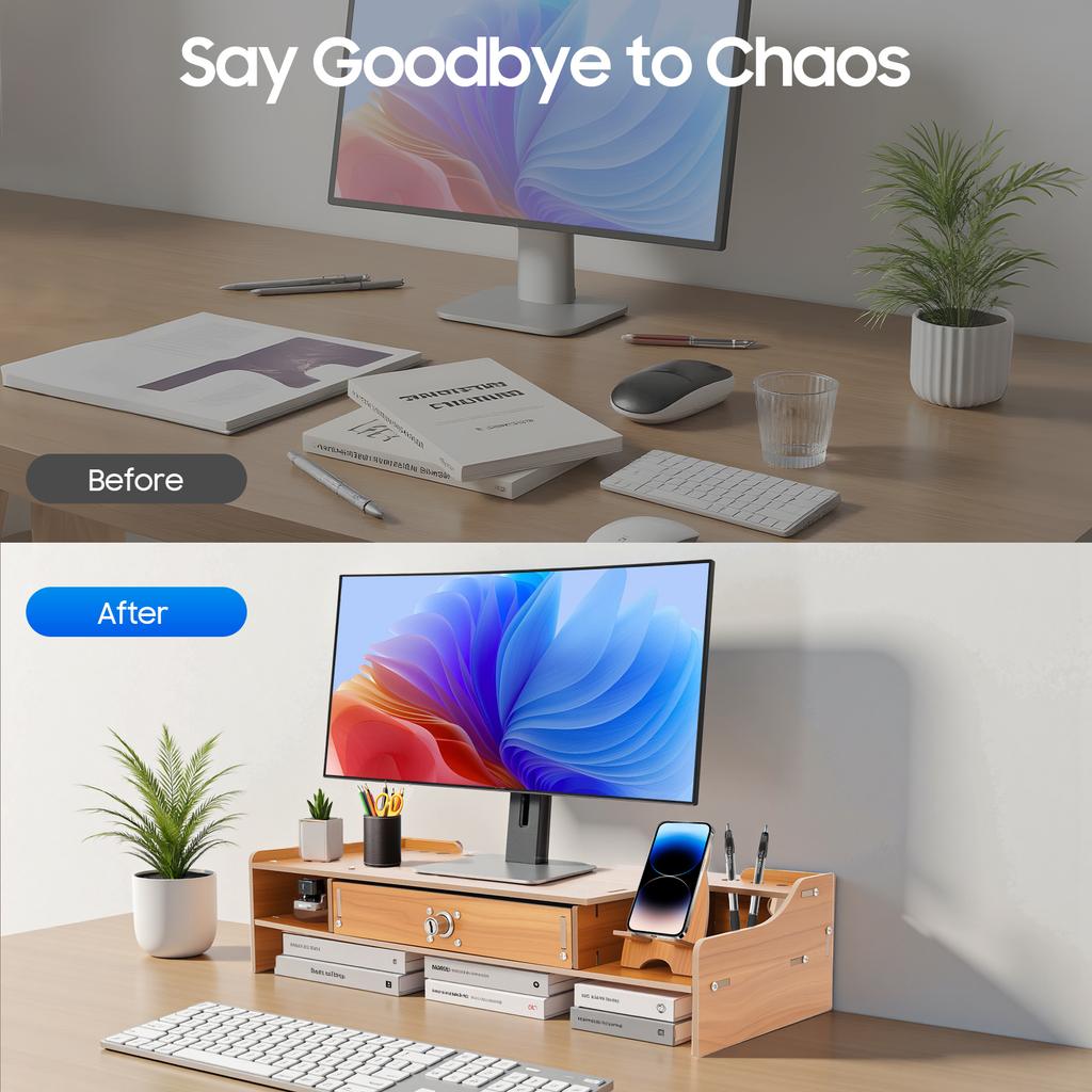 Ergonomic Computer Monitor Riser Stand with Locking Drawer, Natural Wood Finish Desk Organizer for Office & Home, Holds 11 Lbs