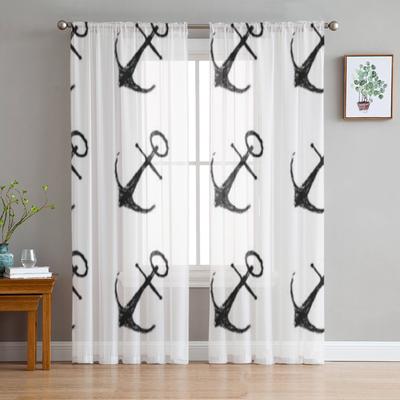 Handgezeichneter Anker Tüllvorhänge für Wohnzimmer Schlafzimmer Weihnachten Chiffon Transparent Voile Küchenvorhang