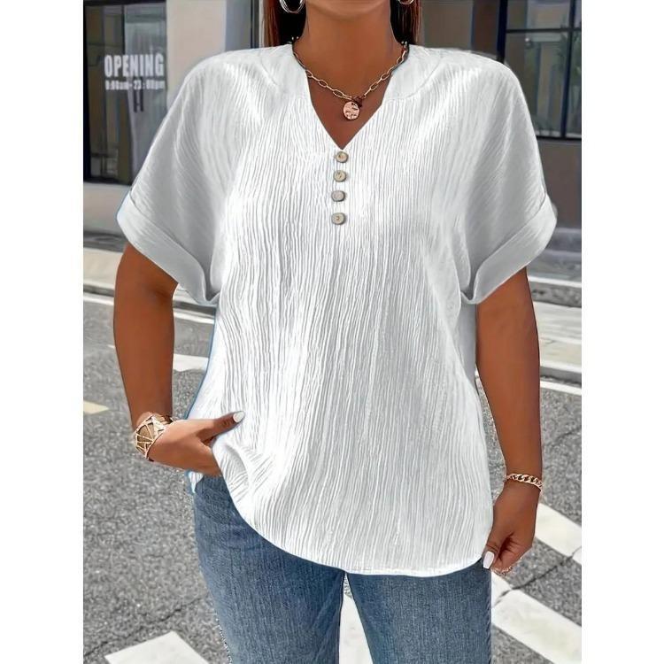 New Four Season Fashion Button Down Short Sleeve T Shirt Elegant Solid Color Casual Womens Plus Size