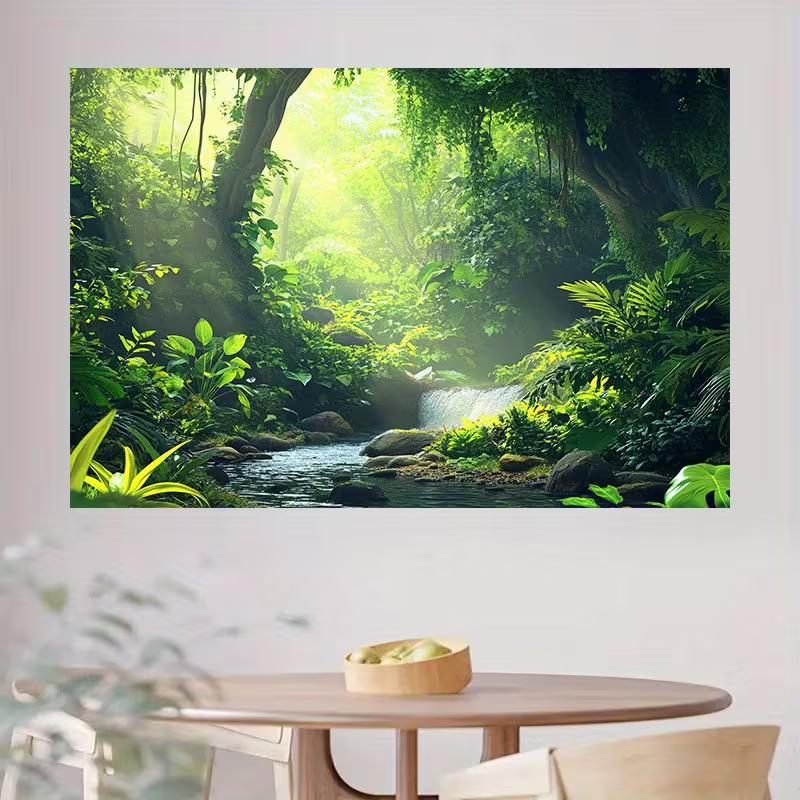2D Misty Rainforest Waterfall Backdrop with Sunlight Photography Background