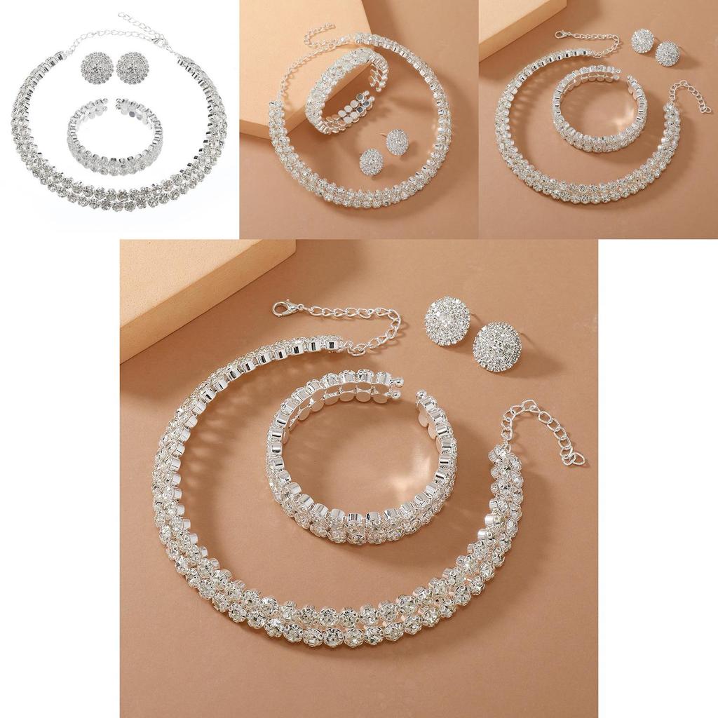 Double Layer Bridal Jewelry Set With Water Diamonds Pendant And Bracelet For Women