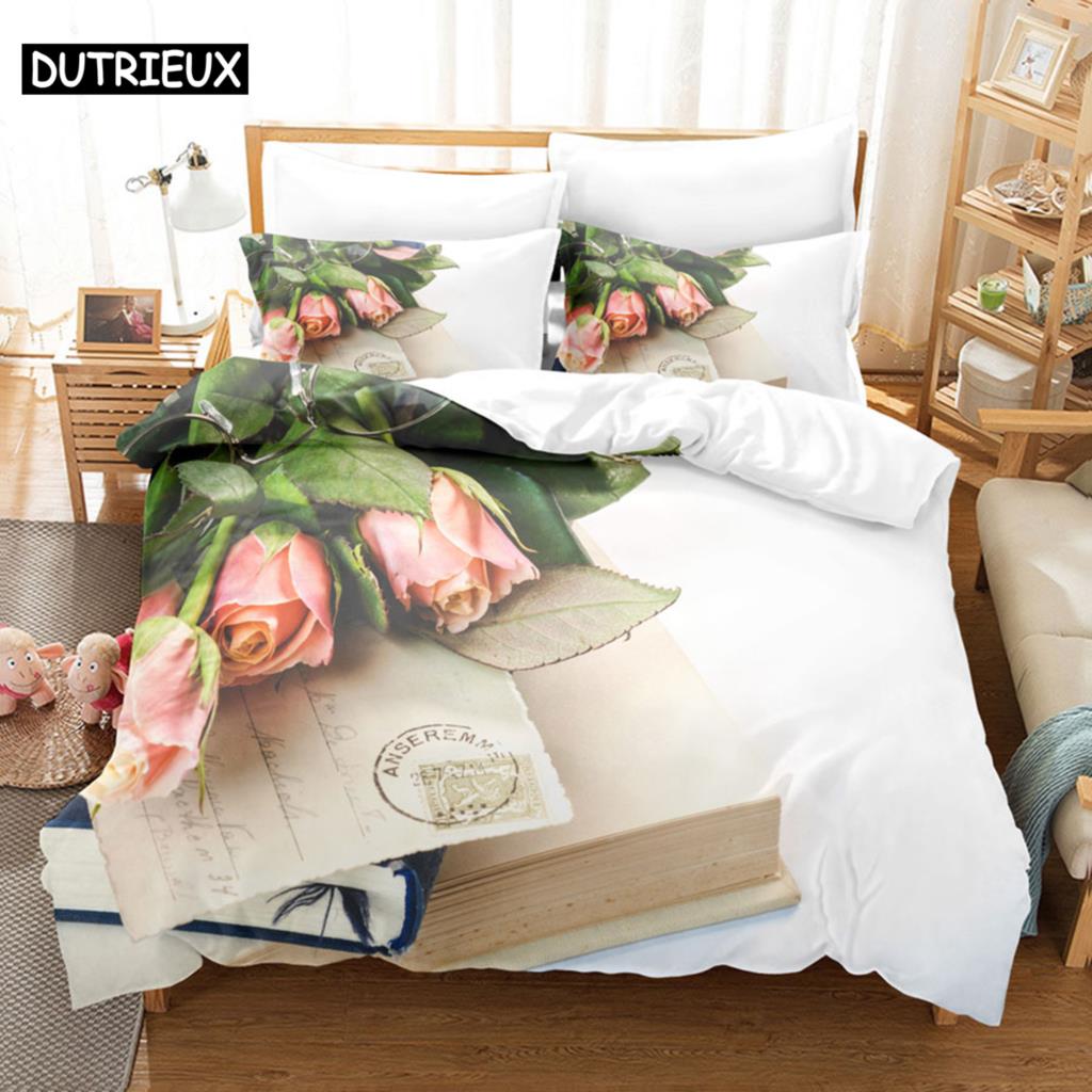 Pink Flower Duvet Cover and Pillowcases Set King Size 220x240 Double Bed Single 3D Queen Bedding Sets Pink Full Twin Quilt Linen