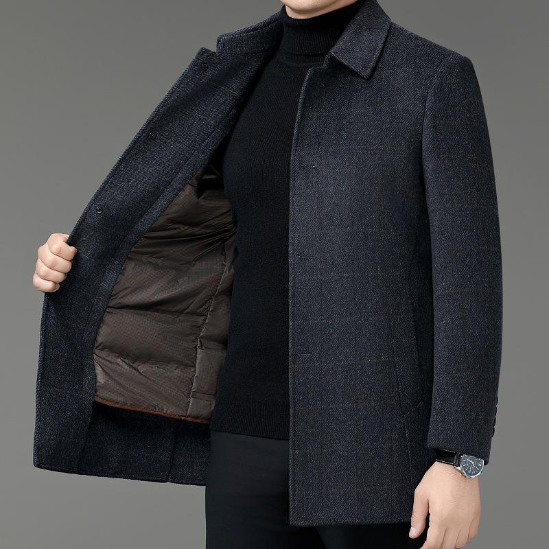 Double-sided Sheep Cashmere Coat Men's Dad Middle-aged Woolen Lapel Plaid Coat Winter Removable Down Liner