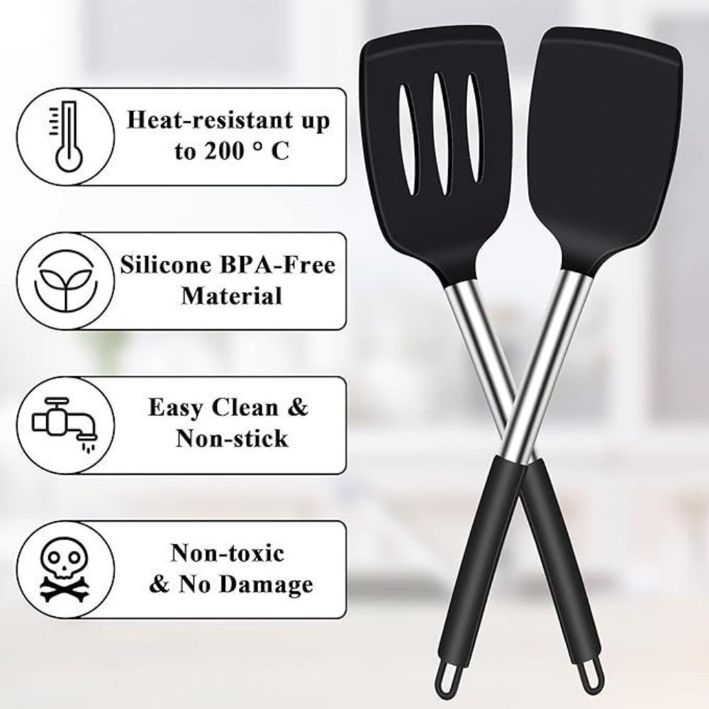 Pack of 2 Silicone Solid Turner, Non Stick Slotted Kitchen Spatulas, High Heat Resistant Cooking Utensils, Ideal Cookware for Fish, Eggs, Pancakes