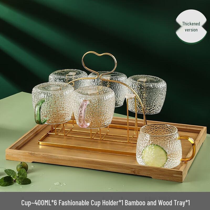 Zhuopu Hammered Heat-Resistant Glass Cup Set with Rack and Bamboo Tray