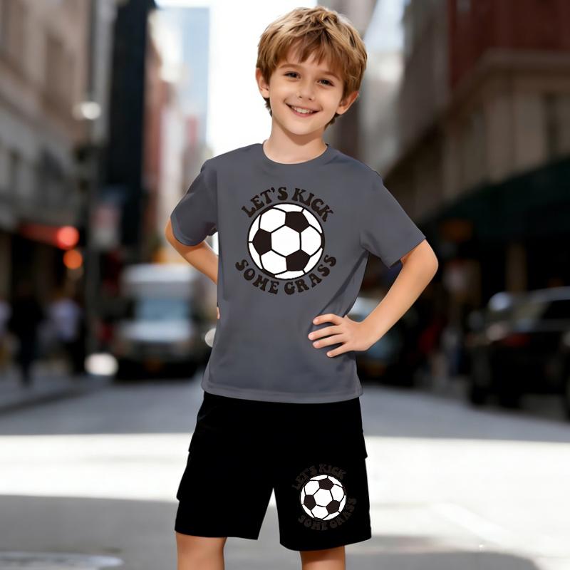Boys 2 Piece Football Pattern Printed Outfit, Short Sleeve T-Shirt and Shorts Set for Kids Age 5-14, Black and White Sporty Casual Summer Clothes