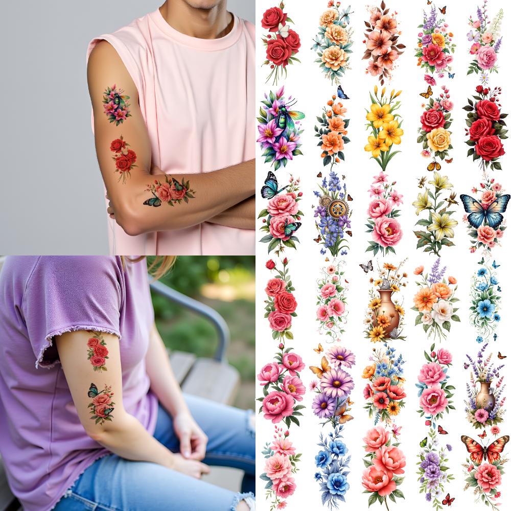 28pcs Temporary Tattoo Decorative Stickers Colorful Flower Stickers Waterproof Long-lasting Body Stickers For Arms Thighs