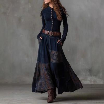 Women'S Retro Splicing Patch Wide Leg Loose High Waist Elastic Straight Long Sleeve Long Dress