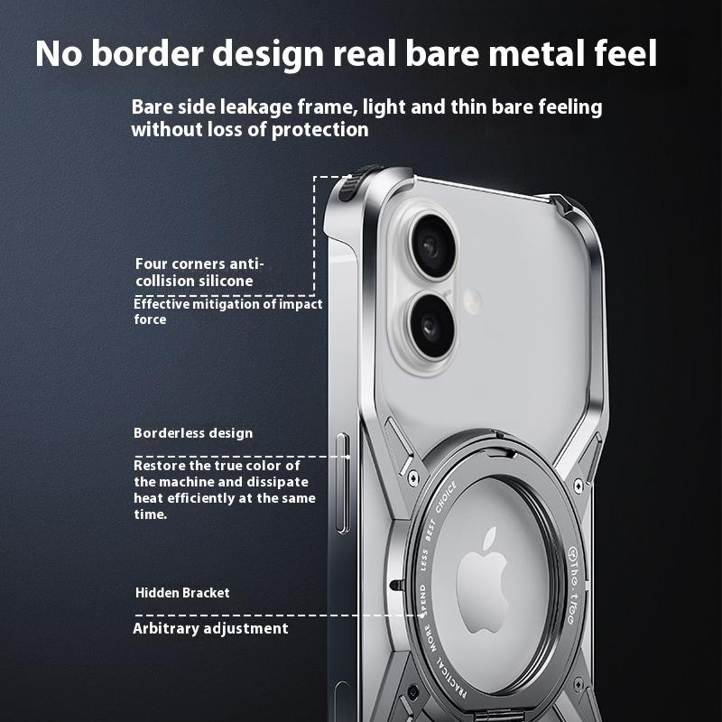 For iPhone 16 Deksel Støtteben Rammeløs Aluminiumlegering Støtfanger Telefondeksel