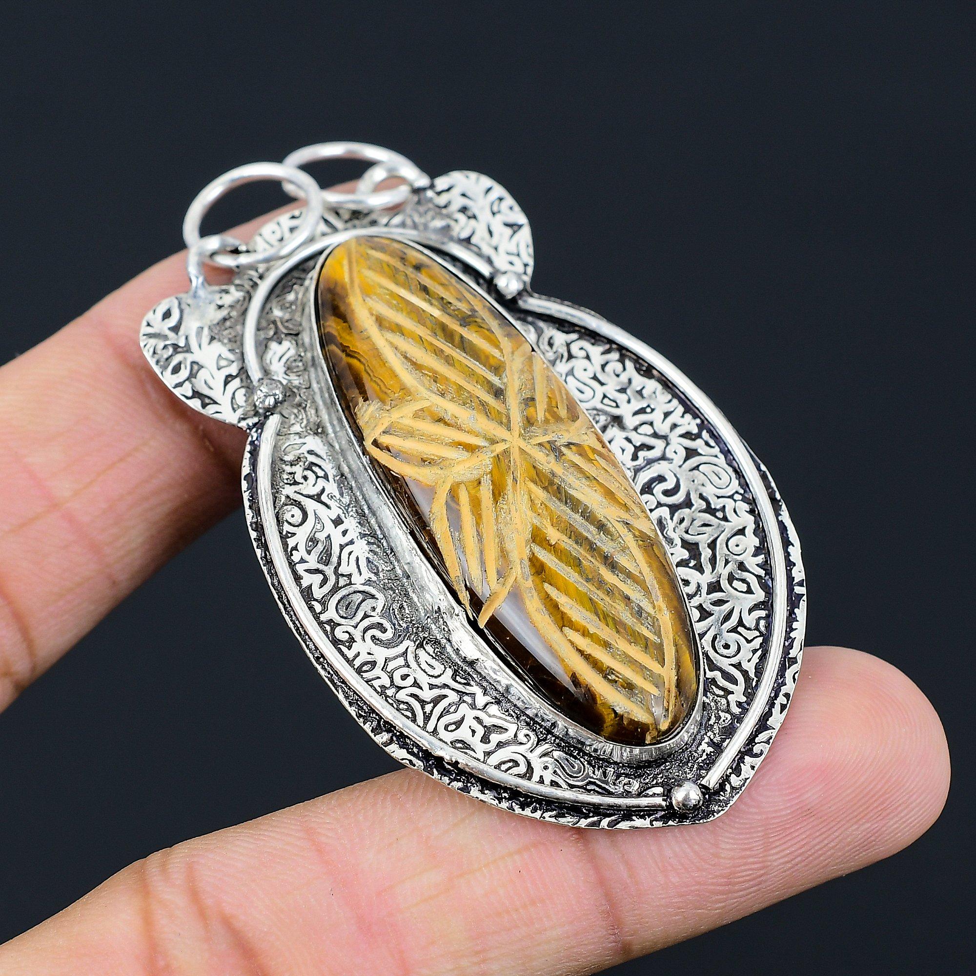 

Daughters Day Sale Sterling Silver Carved Tiger Eye Stone Trendy Pendant Jewelry