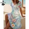 Damenmode Sommer Frühling Blumenmuster Druck Kurzarm V-Ausschnitt Lose Taille Freizeitkleider