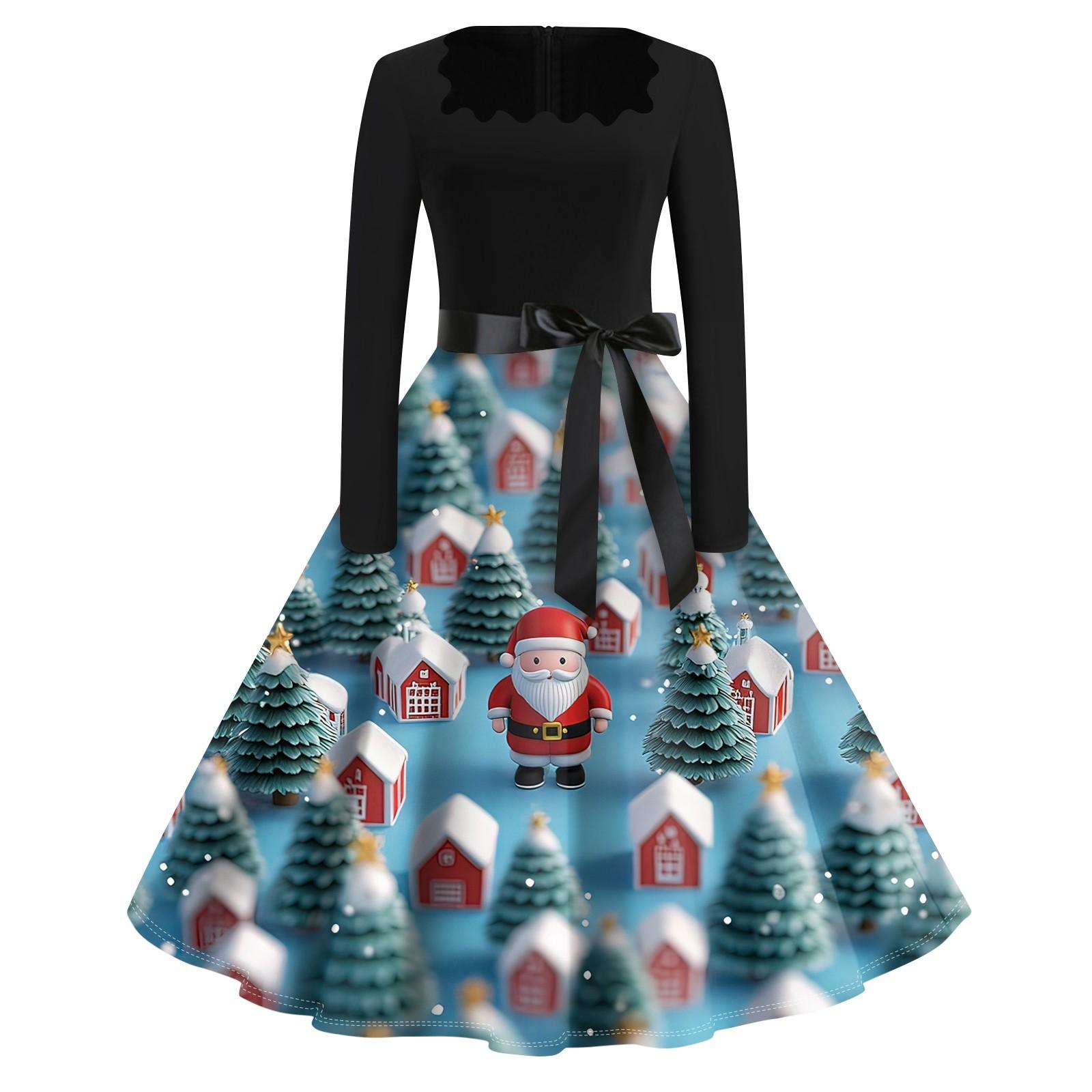 

Рождественский принт расклешенное платье для женщин платье с длинным рукавом ажурное вечернее повседневное платье с квадратным воротником M