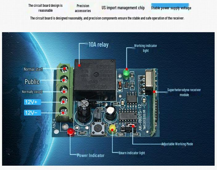 12V Single-Channel Wireless Switch with Wall-Mountable 1-Key Remote, 315M Frequency