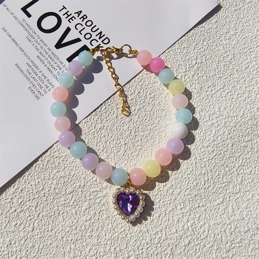 Personalized cat and dog pet handmade necklace collar beaded rhinestone heart cute pearl pendant accessories princess style