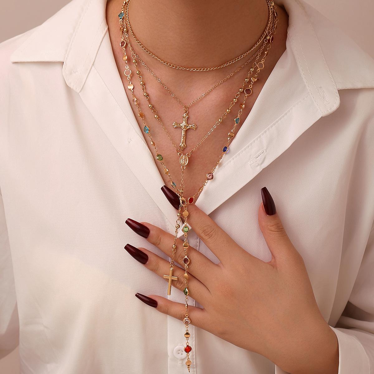 

Popular multi-layer cross necklace women s color zircon collarbone chain wind exquisite jewelry