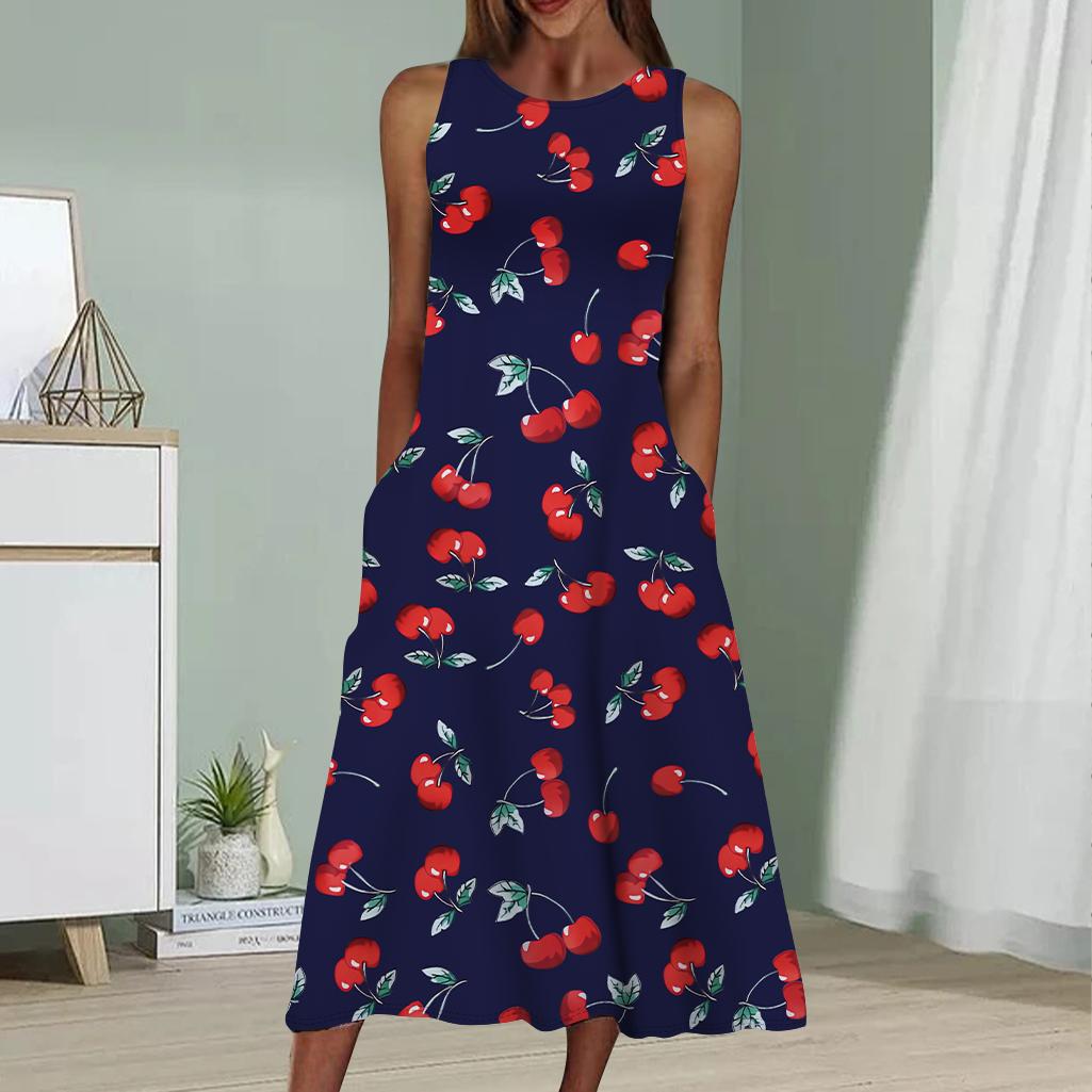 

Літня модна сексуальна сукня без рукавів, м’яка повсякденна сукня з 3D-вишневим принтом, сукня-слінг без рукавів XL темно-синього кольору
