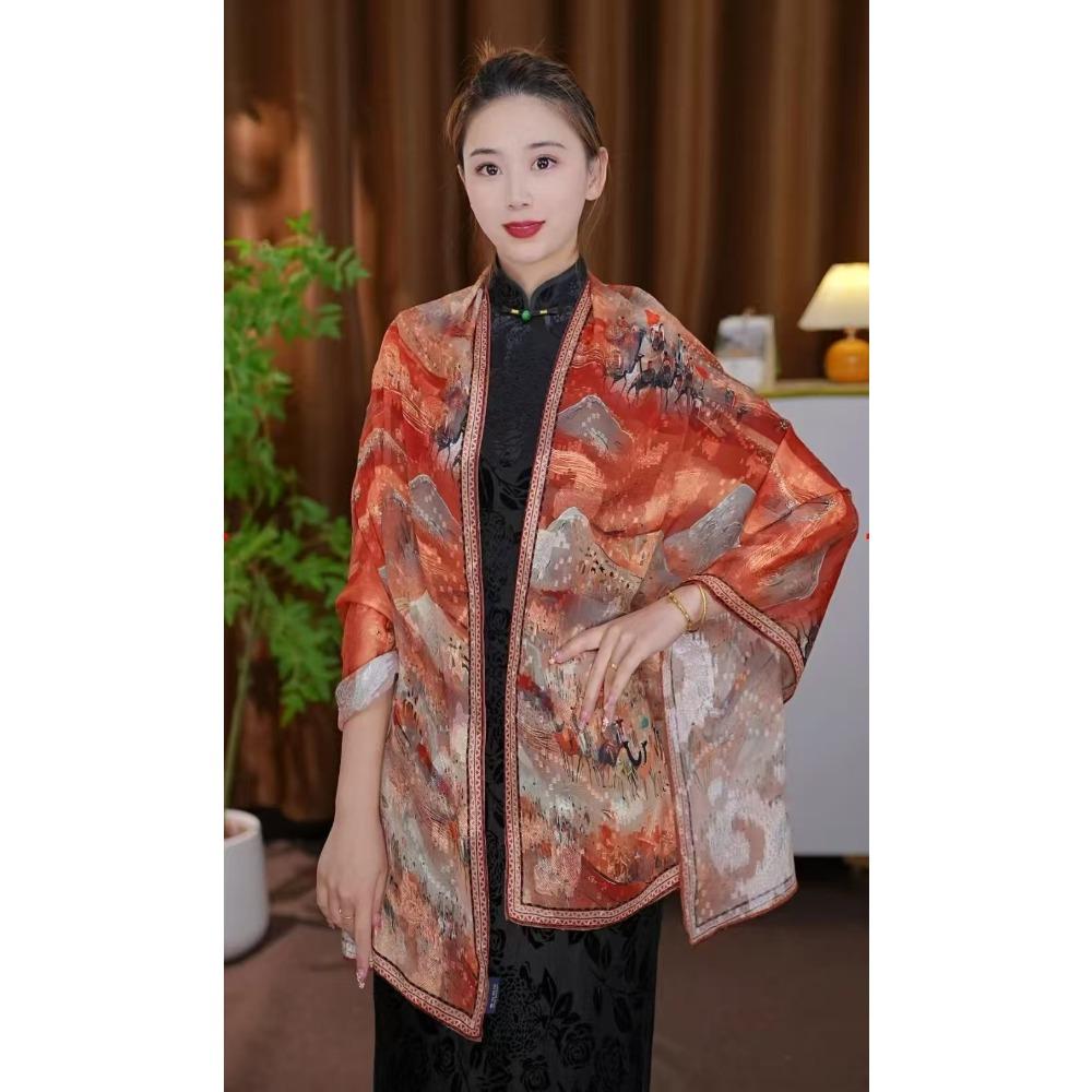 180 * 90 High-End Single-Sided Cut Dill Long Shawl Retro Chinese Style Ancient Charm Elegant Silk Scarf Dunhuang