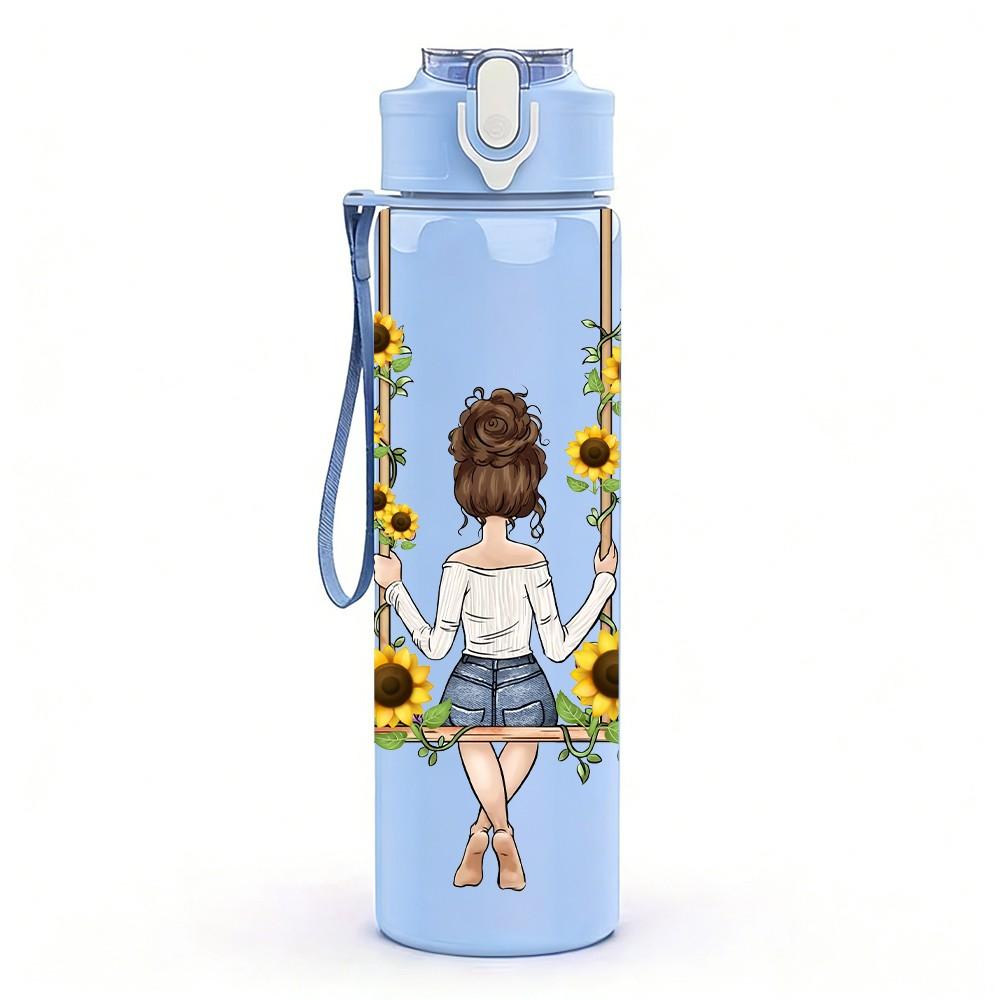 1PC Little Girl Swing Daisy Flower Field Art 750ml Color Plastic Sports Water Bottle Leakproof Flip Straw Lid Suitable for Sports Office Home Use