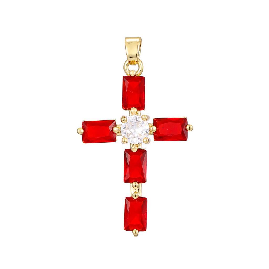 Gold-Plated Multi-Color Zirconia Cross Necklace with Full Diamond Design