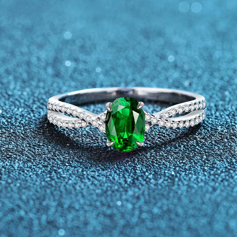 S925 Sterling Silver Egg-Shaped Women's Ring with Green Nano, Red & Blue Diamonds - Luxurious, High-End Silver Jewelry.
