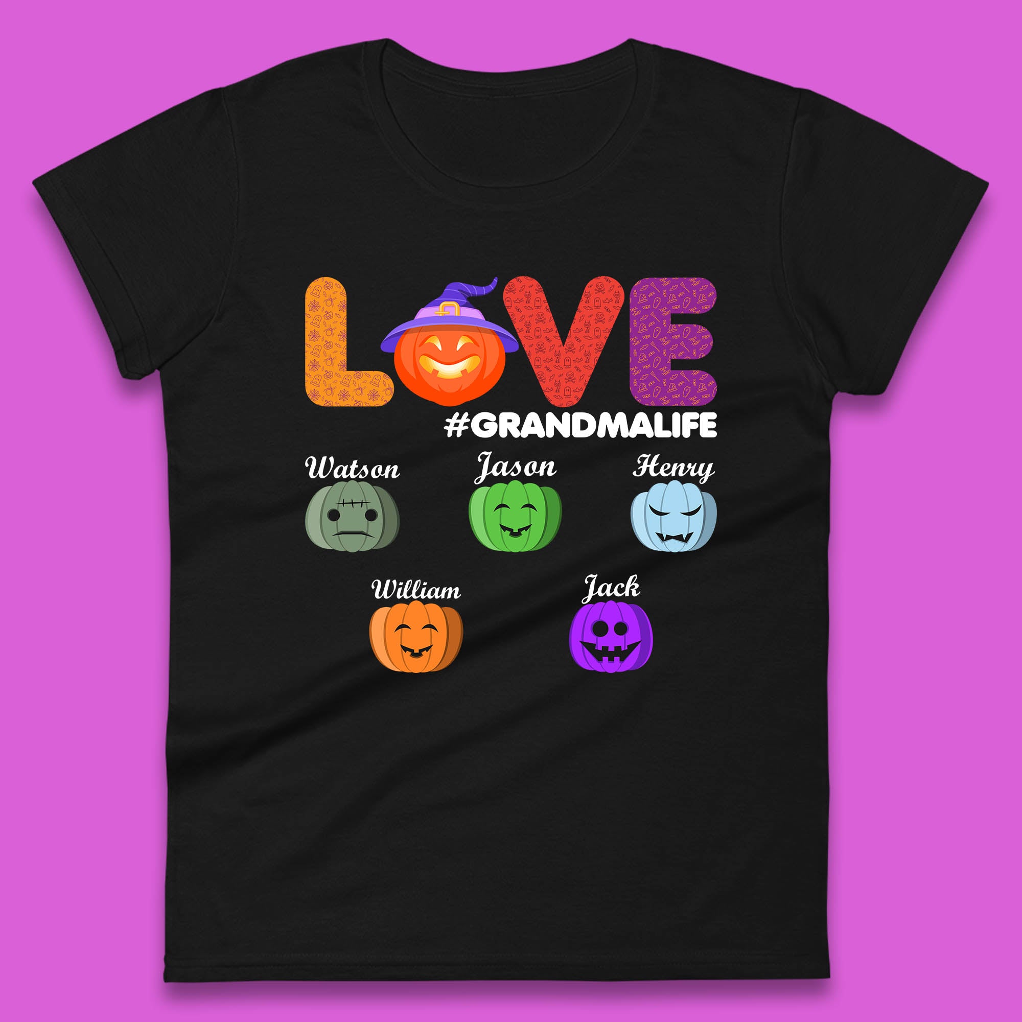 

Personalised Love Grandma Life Your Name Halloween Grandma Witch Hat With Grandkids Names Womens Tee T Shirt Mens Tops Unisex Top XL