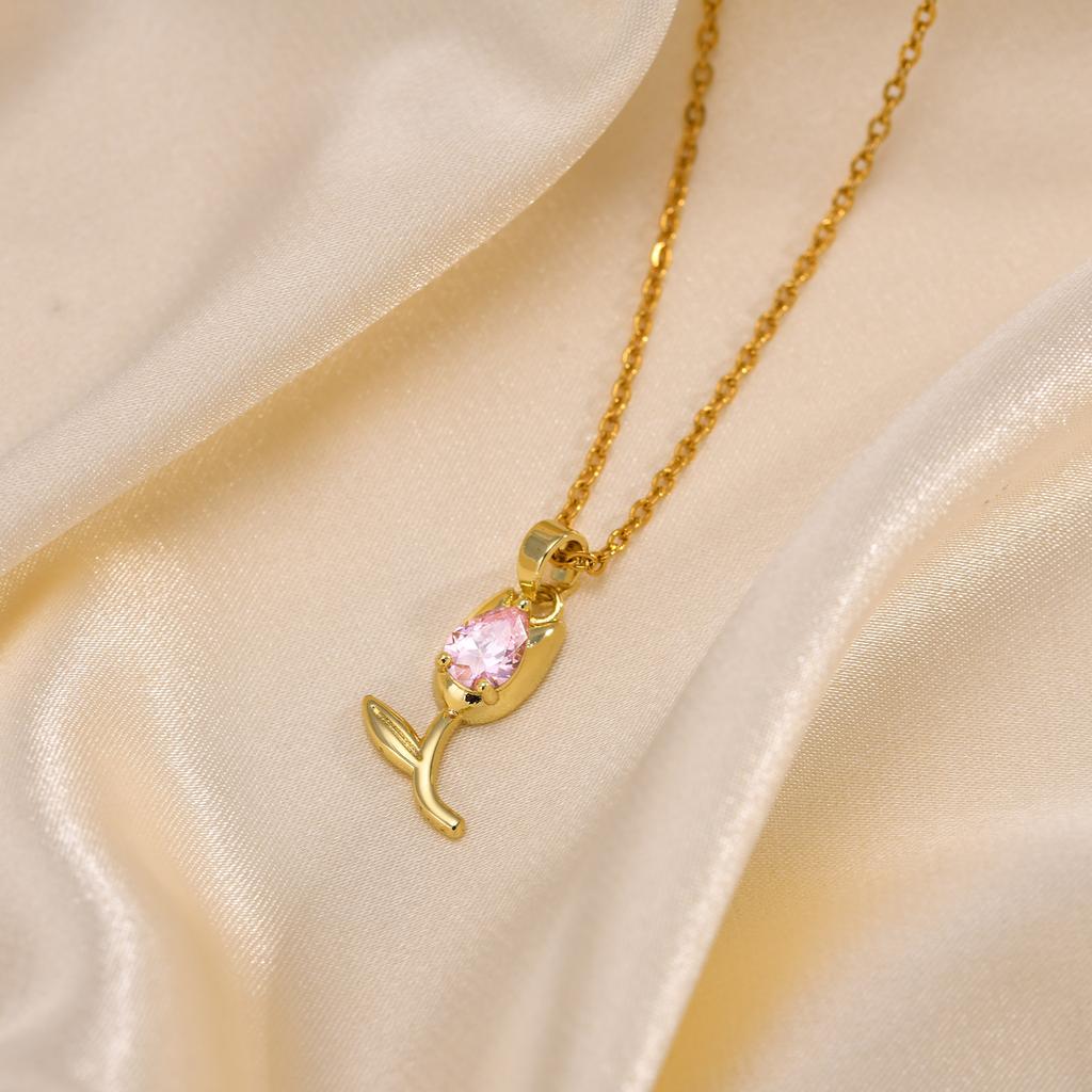 Pink Water Drop Zircon Pendant Necklace for Women Link Chain Tulip Flower Necklaces Luxury Daily Charm Jewelry Gift