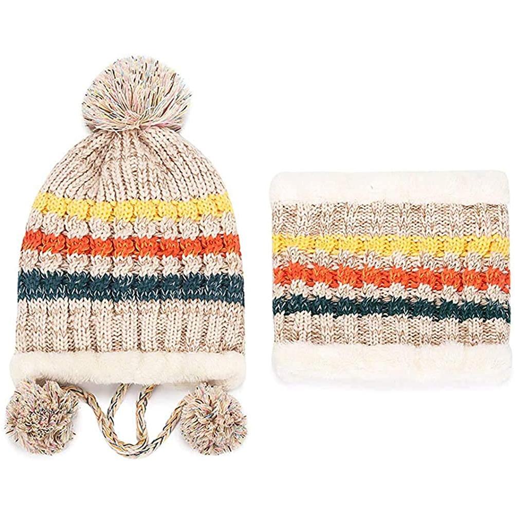 Women Knitted Beanie Hat Scarf Set Warm Thick Crochet Pompoms Hat Neckerchief for Outdoor Ski Snowboard