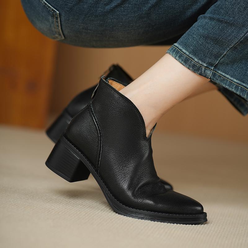 Fashion 2025 Autumn Women Boots Pointed Toe Chunky Heel Sheepskin Leather Women Shoes Short Modern Boots Winter High Heel Mid-calf Boots