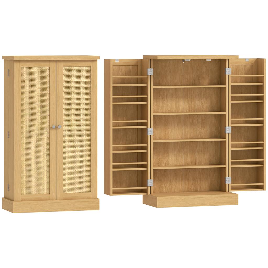 104 Cm Rattan Kitchen Cabinet with 5-Tier Shelf, 12 Spice Racks and Adjustable Shelves, Natural