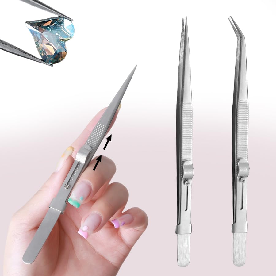 Anti-Slip with Lock Nail Art Tweezers, Density Fine Tip Rhinestones Gem Beads Pickup Tool for Acrylic Nails, nail art tweezers