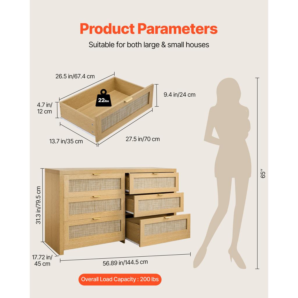 SucceBuy Rattan Dresser for Bedroom Natural Rattan Chest of Drawer with Metal Handle Modern Wood Clothing Organizer & Storage