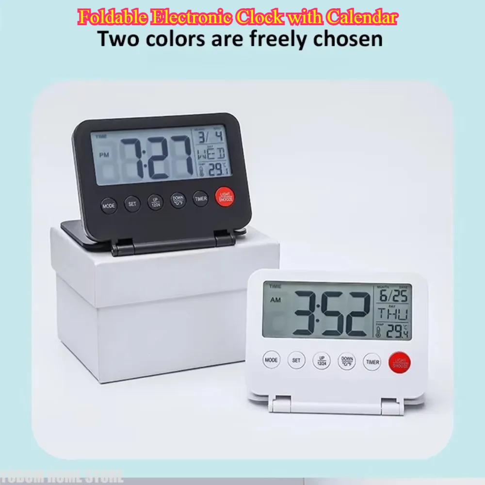 Digital Travel Alarm Clock Foldable - with Calendar Backlight Snooze Temperature LCD Thermometer