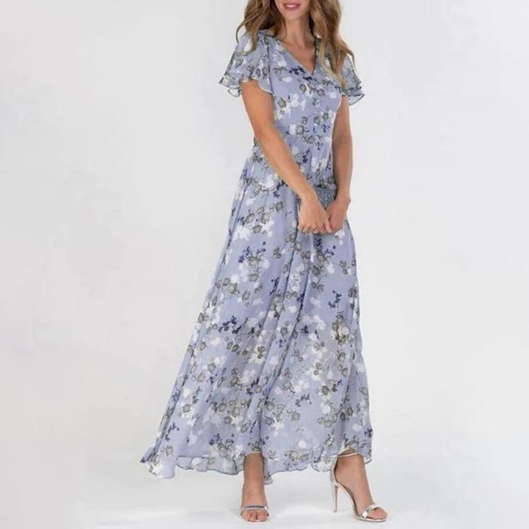 Women Floral Chiffon Swing Dress Long Ruffle V Neck Short Sleeve Waist Flowy Summer Dress Fashion