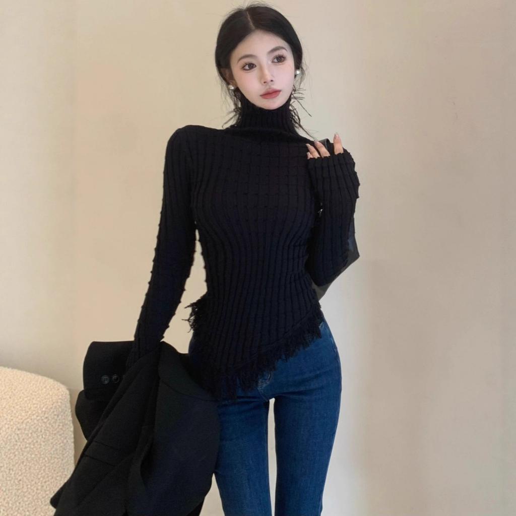 Irregular Tassel Turtleneck Knitted Sweater Women's Winter Temperament Slim and Thin Long-sleeved Sweater with Base