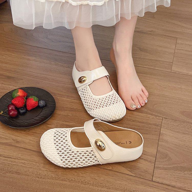 French thick-bottomed mesh breathable bag head half slippers women's summer wear 2025 new non-slip with skirt one-word sandals