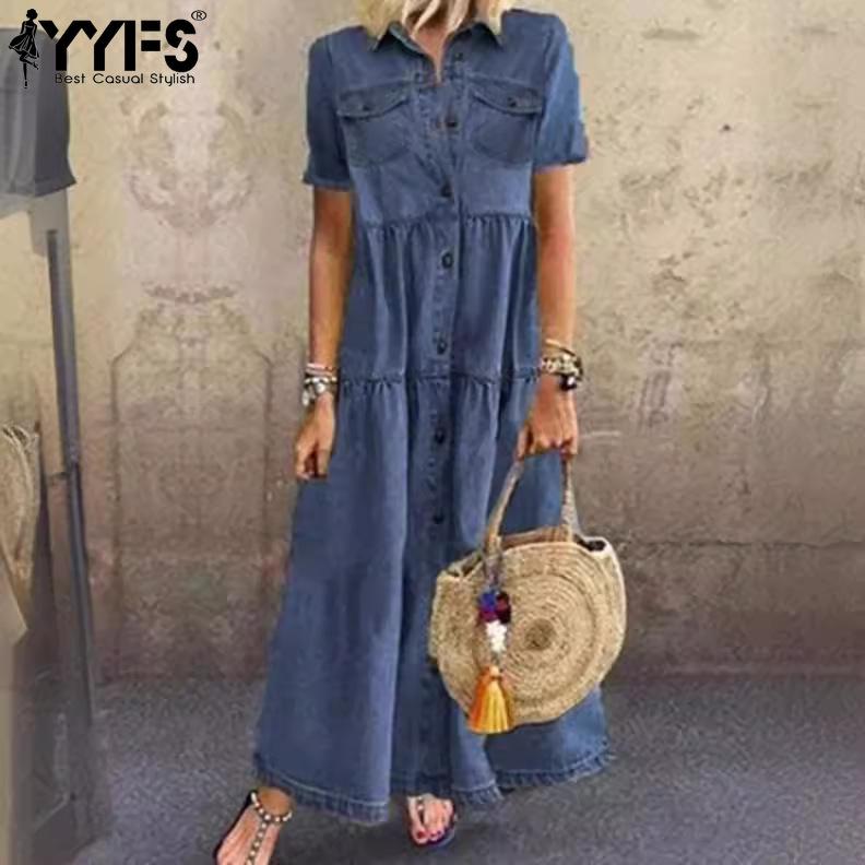 YYFS Moda Feminina Verão Primavera Cor Sólida Estampa Manga Curta Gola Polo Cintura Solta Vestidos Casuais