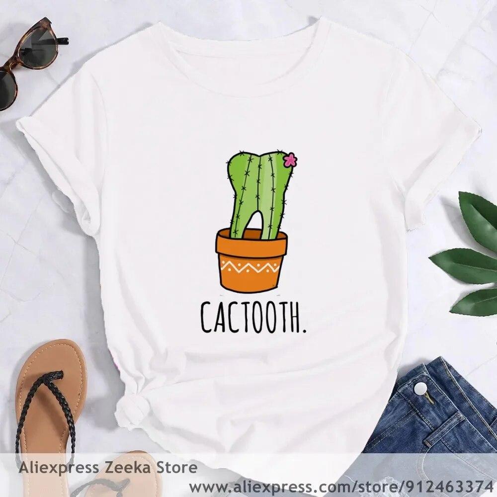 Zahn und Zahnarzt Grafik Ästhetik Frauen Lustige Print Damen T-shirt Mädchen Y2K Harajuku Basis O-kragen Weißes Hemd Kurze