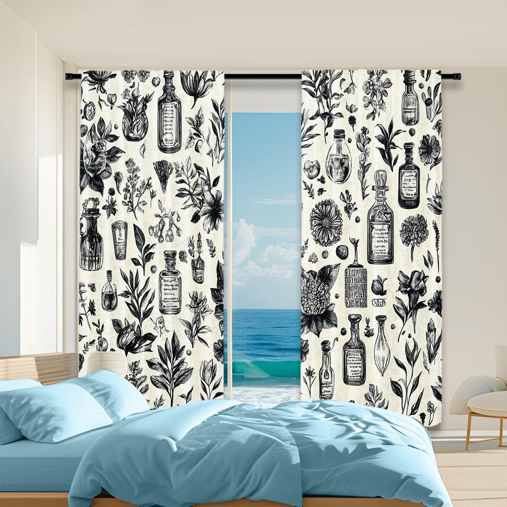 

2 pcs, versatile polyester transparent curtains for home decoration Black and white floral pattern for use in bedrooms and 29x65in(75x166cm)