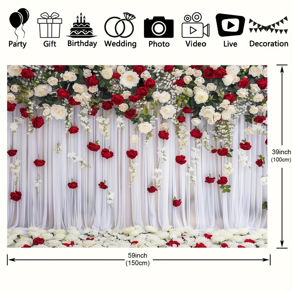Elegante sfondo floreale, design con rose rosse e bianche, adatto per matrimoni, baby shower, compleanni, striscioni per feste all'aperto