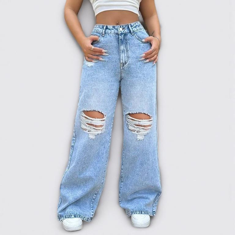 2025 European & American Ripped High-Waist Slim Straight-Leg Floor-Length Jeans for Women - Trendy Style XXL