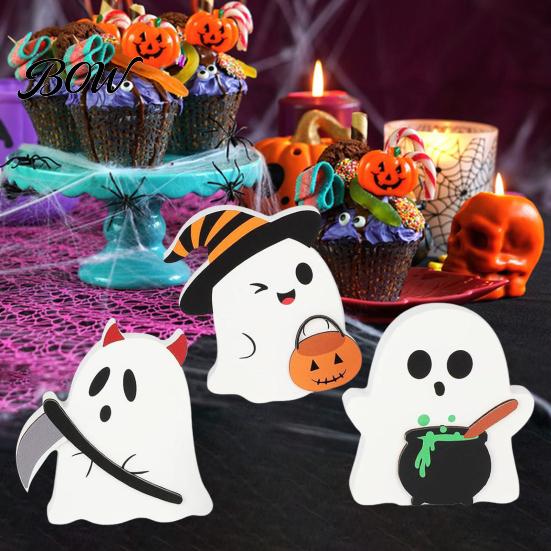 Safe Halloween Tabletop Ornaments 3Pcs Sweet Ghost Decor, Wooden Cute Figurines with Candy Entryway Decorations Pumpkin & Cauldron, Centerpiece