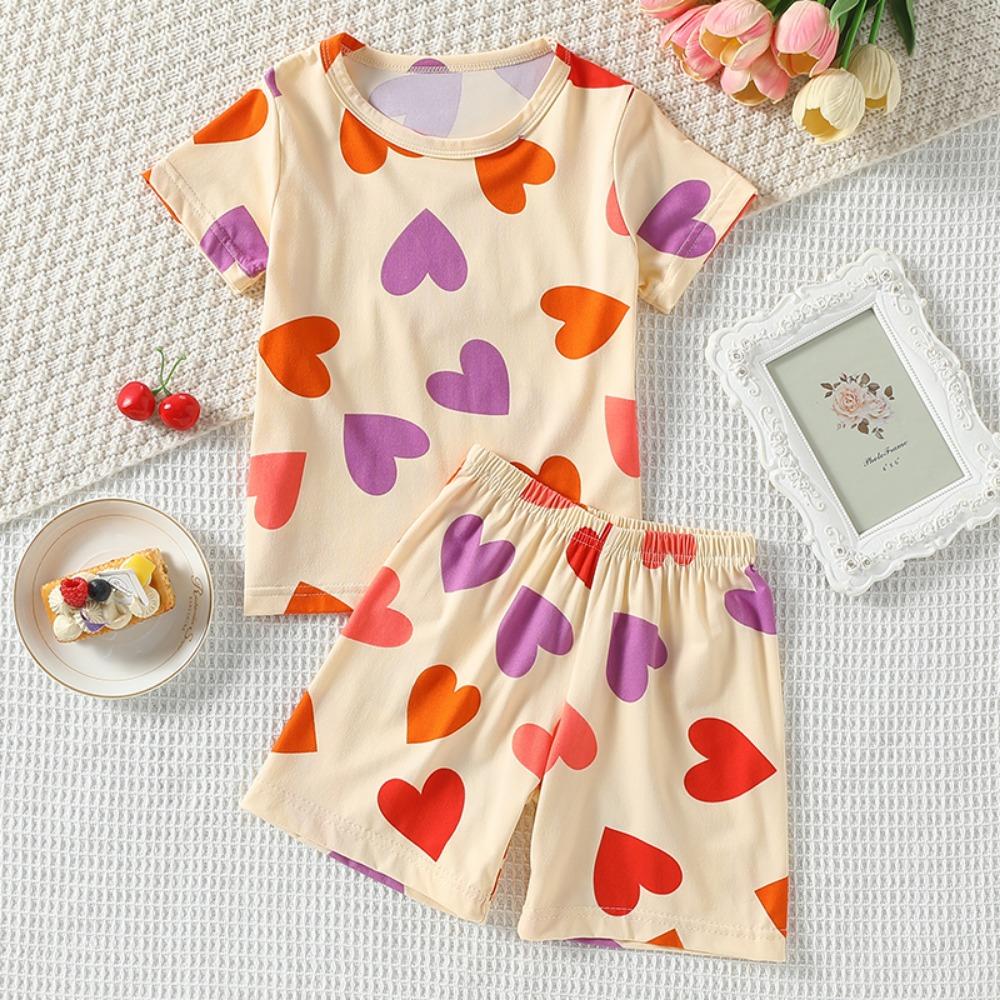 2-piece Summer Children's Cute Printed Short Sleeved Shorts Set for Boys and Girls, Casual Sports Round Neck T-shirt, Home Pants
