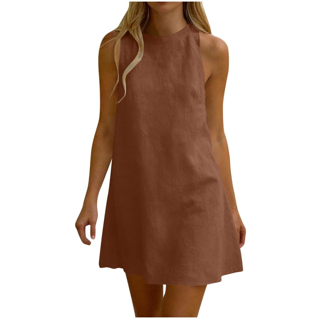 Sleeveless Pleated Dress Round Neck Short Dress Casual Vacation Dress Lightweight Summer Dress for Women
