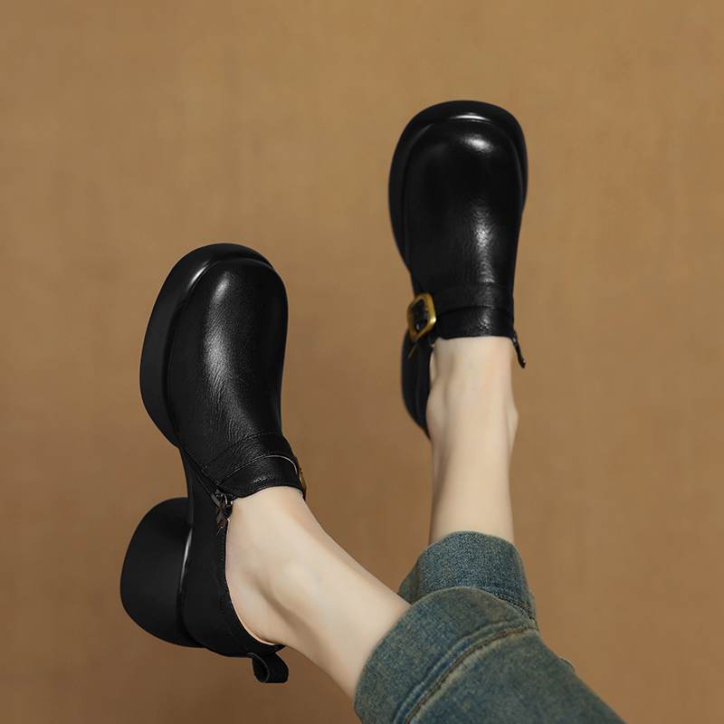 Krazing Pot cow skin Autumn Winter Shoes Metal Buckle Loafers chunky Heels Slip on Size 43 Round Toe Slip on Deep Mouth Pumps