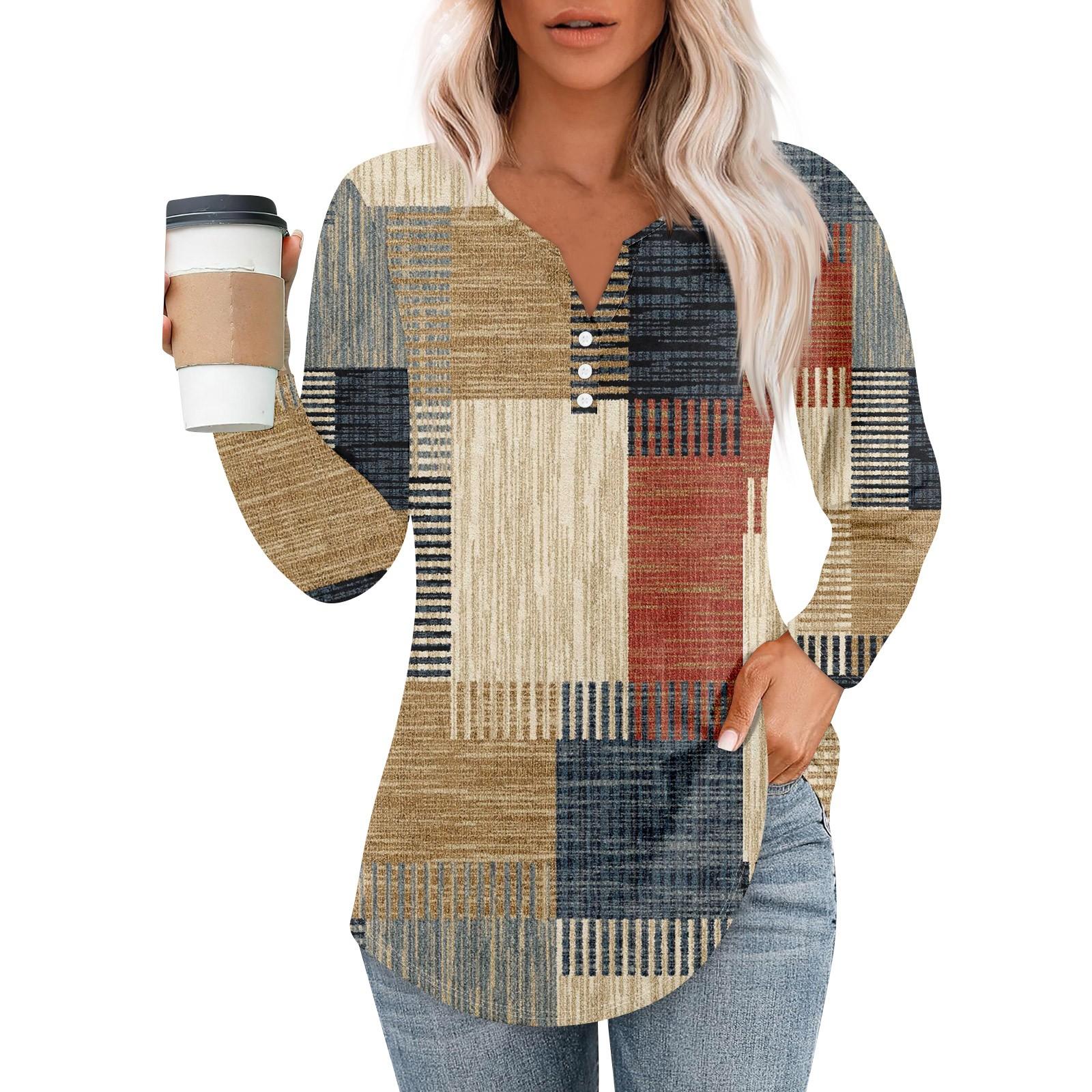 

Женская футболка с принтом на пуговицах, длинный рукав, повседневная, выходного дня, модная, базовая, с V-образным вырезом M жёлтый