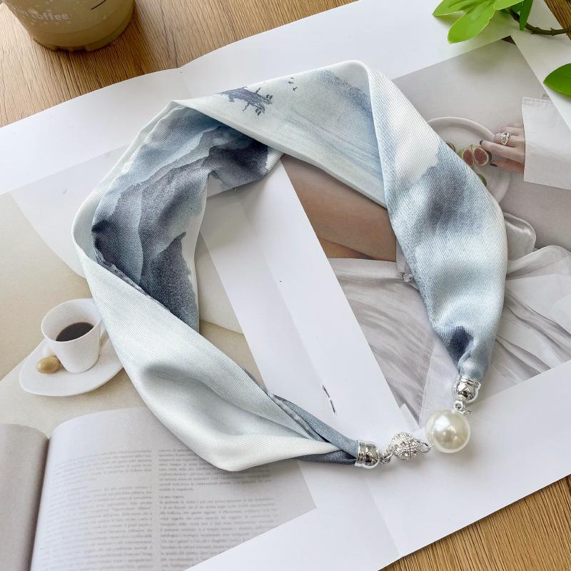 > New Magnetic Pearl Silk Scarf Necklace: Versatile High-End Neckerchief & Wrist Scarf
