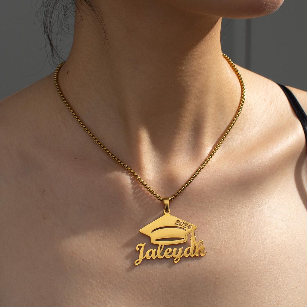 Atoztide Personalized Custom Name Necklace for Women Stainless Steel Bachelor's Hat Pendant Cuban Chain Graduation Jewelry Gift