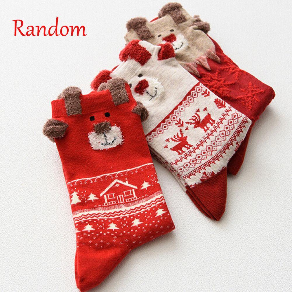 

Ladies Winter Fall Red Christmas Theme Cartoon Elk Cotton In Tube Socks 1Pair Random sent