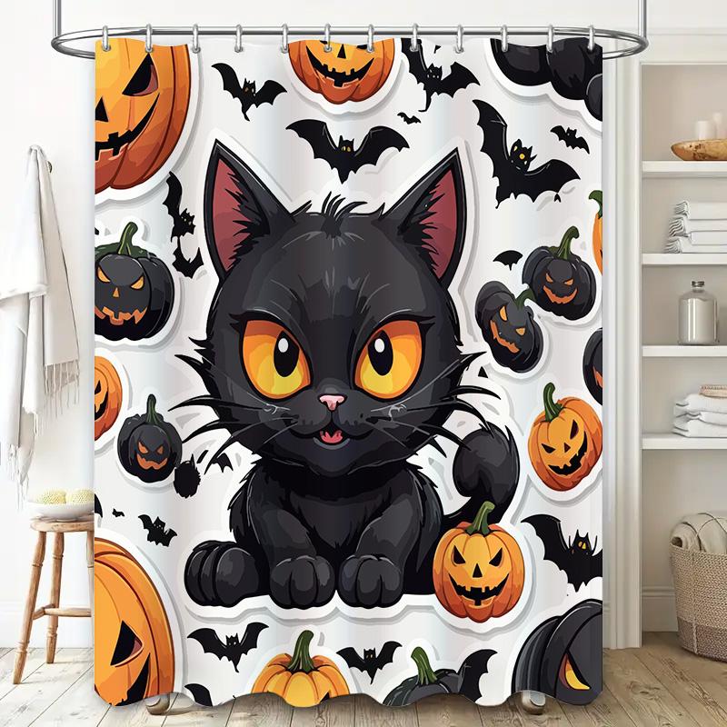Halloween Decor Shower Curtain Set with Black Cat Pumpkin Bats Print Waterproof Fabric Bathroom Liner for Kids Gifts