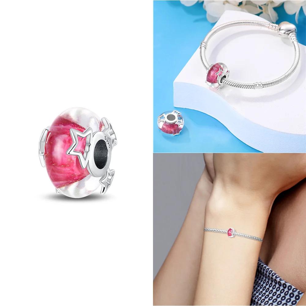 925 Silver Bracelet Women Diy Jewelry Gift Accessories Charms Beads Pink Murano Glass Blue Flower Butterfly Beads